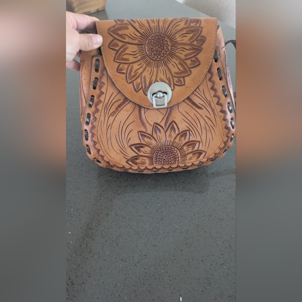 Sunflower Embossed Tan Leather Crossbody Bag Unique Personalized Leather Bag - Picture 4 of 14